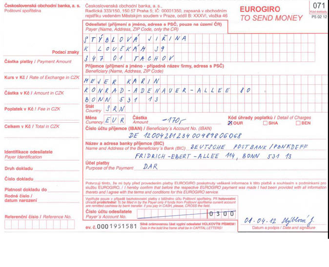 Formulář příkazu EUROGIRO